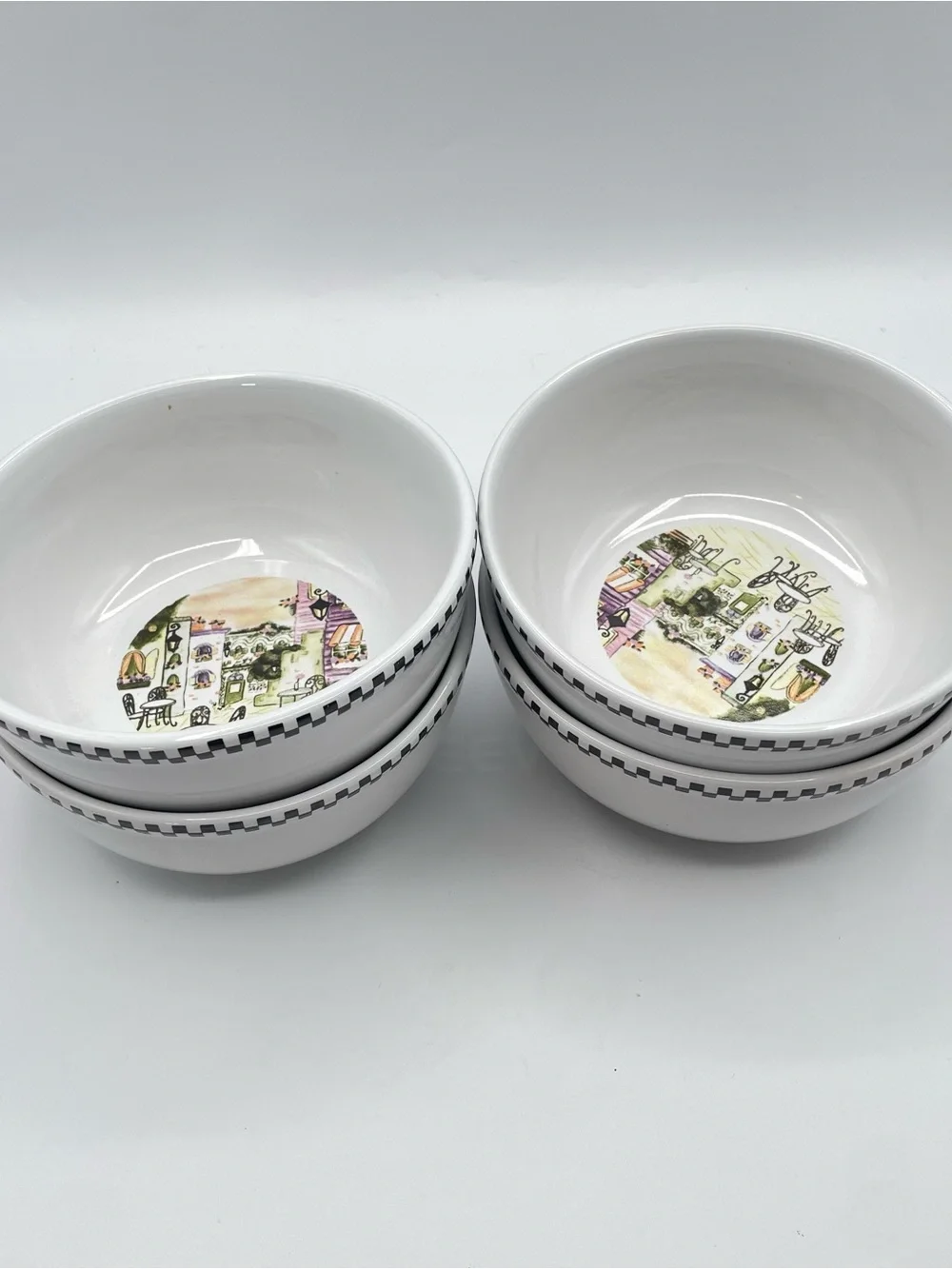 Set of 4 Bistro Cafe Scene Soup Bowls  6” Wide Black Check Border Ceramic